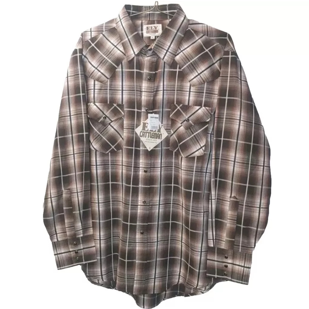 Ely Cattleman Pearl Snap Shirt Men XL Rockabilly Western Rodeo Brown Plaid New